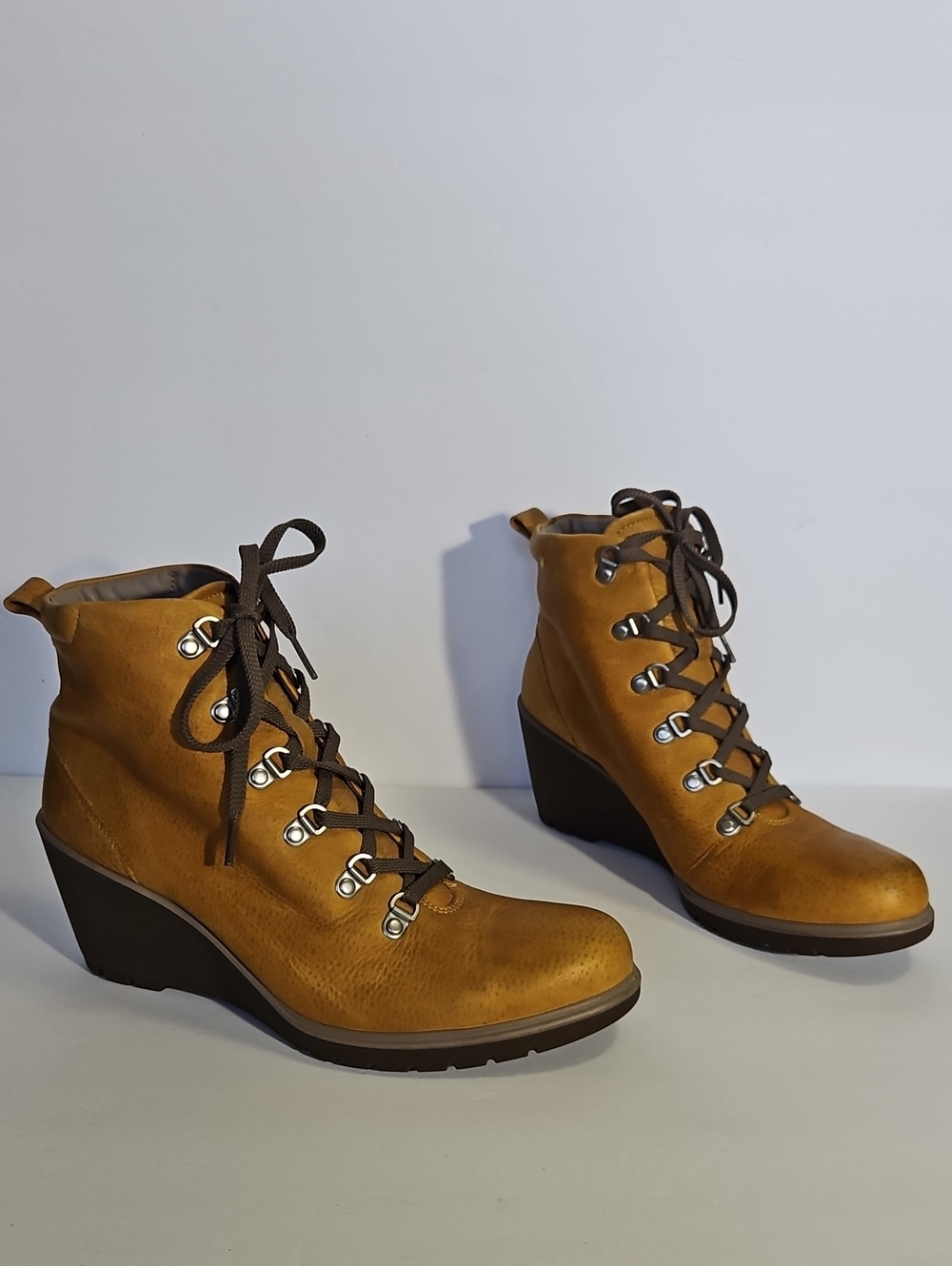 Ecco Yellow Nubuck Leather Lace Up Wedge Ankle Boots